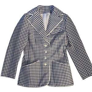 Houndstooth Blazer Preppy Office Jacket Navy White‎ Old Money Sz 6 Vintage